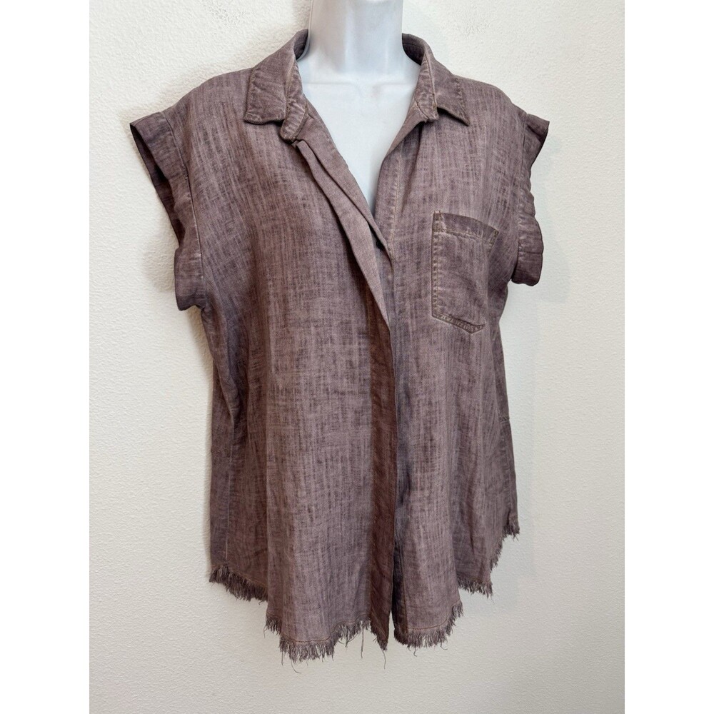 Umgee Womens Top Linen Blend Frayed Hem Button Front Purple Size S New